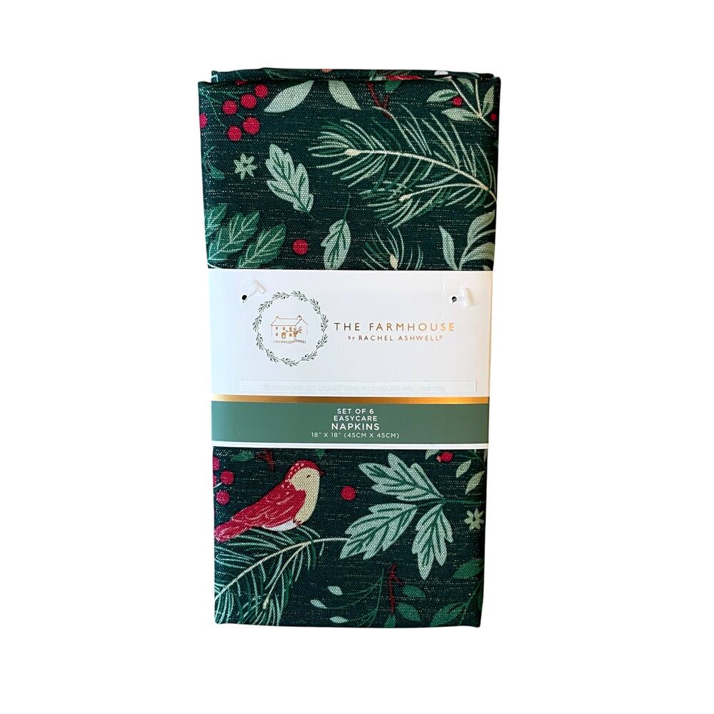 Rachel Ashwell Farmhouse CHRISTMAS JOY Dinner Napkins 18x18 Set of 6 Green NEW
